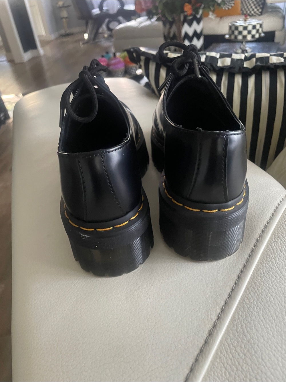 Dr. Martens Black Leather Lace-Up Platform Derbys with Yellow Stitching - Picture 3 of 4